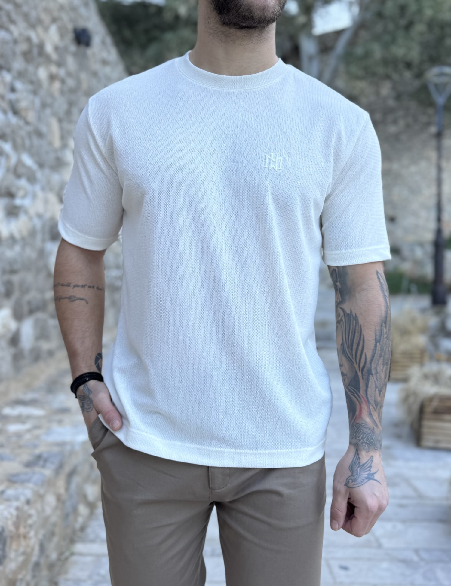 Marrakech ανδρική εκρού κοντομάνικη μπλούζα με ριπ ύφανση TST2727